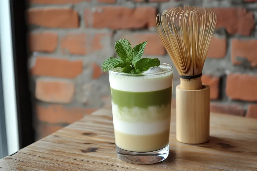 A beautifully layered iced matcha latte in a clear glass with vibrant green matcha, white milk, and fresh mint leaves on a wooden table, perfect for a refreshing drink.
