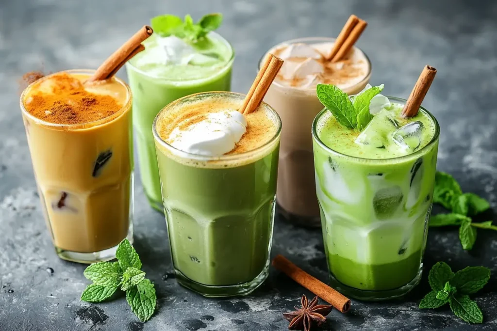 A variety of iced matcha lattes in different glasses, featuring coconut milk, oat milk, and spiced versions with garnishes like cinnamon sticks and mint leaves.