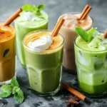 A variety of iced matcha lattes in different glasses, featuring coconut milk, oat milk, and spiced versions with garnishes like cinnamon sticks and mint leaves.