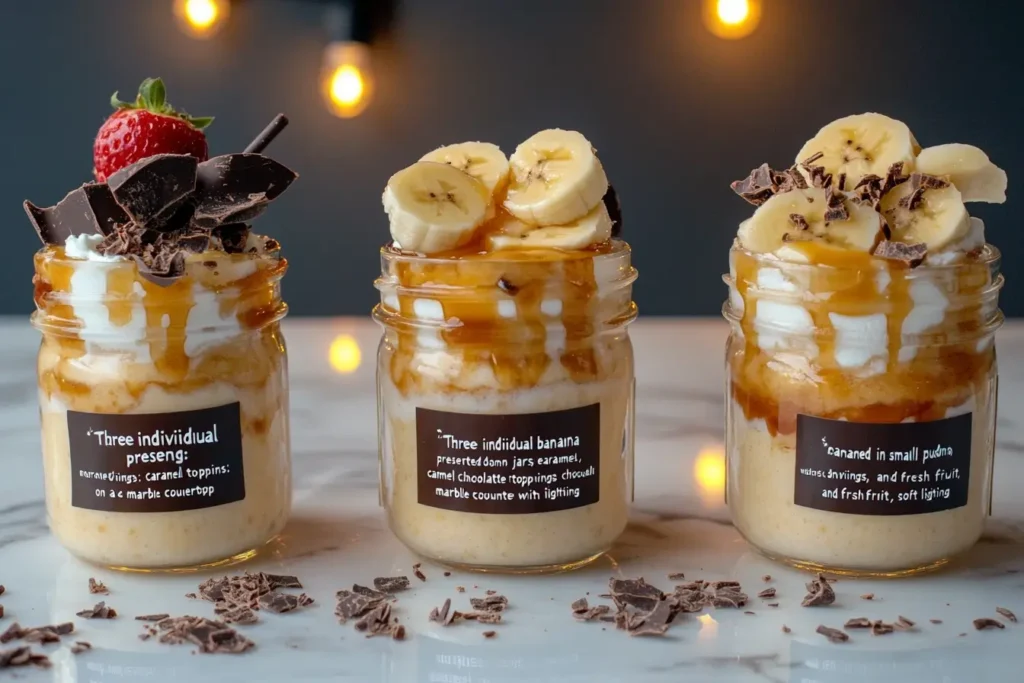 Three individual banana pudding servings in mason jars, each topped with caramel drizzle, fresh banana slices, chocolate shavings, and strawberries, displayed on a marble countertop with soft lighting.