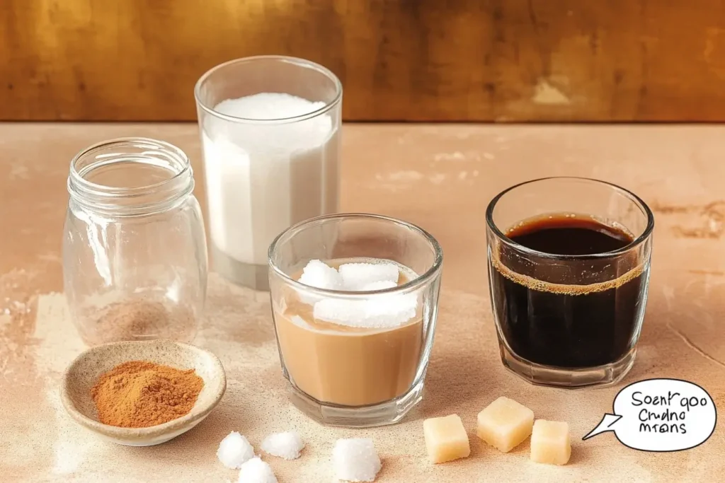 Flat lay of Brown Sugar Shaken Espresso ingredients: espresso shot, brown sugar cubes, milk, cinnamon powder, and sugar, arranged on a neutral background for a homemade recipe.