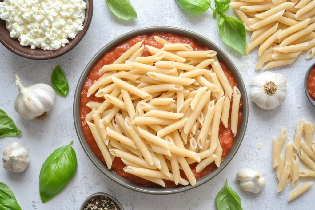 A bowl of uncooked penne pasta over a layer of marinara sauce surrounded by fresh ingredients: garlic, basil leaves, ricotta cheese, and black pepper on a light countertop.