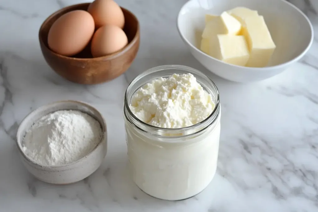 Key baking ingredients: a jar of kefir, flour, sugar, eggs, and butter neatly arranged on a countertop.