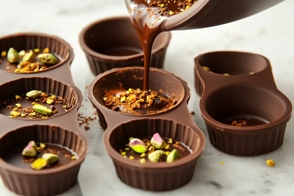 Chocolate being poured into silicone molds with crushed pistachios and saffron, displayed on a marble countertop during the preparation of Dubai-inspired chocolates.