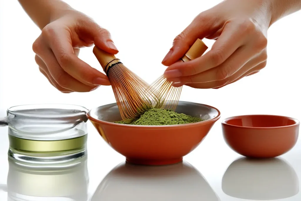 Close-up of hands whisking matcha powder with a bamboo whisk in a small bowl, showcasing tools for making a smooth iced matcha latte.