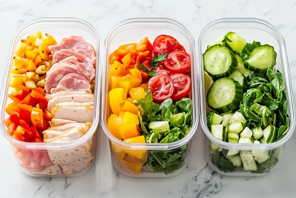 Meal prep containers with sub in a tub ingredients, featuring fresh greens, sliced cucumbers, tomatoes, bell peppers, and deli meats, organized neatly on a marble countertop for healthy and convenient meals.