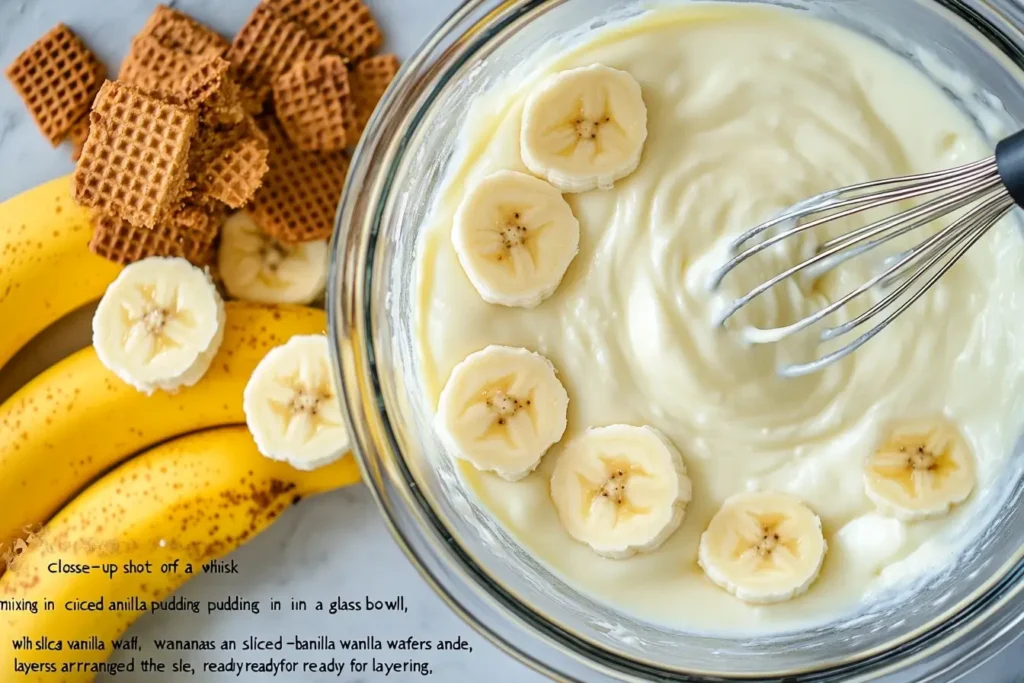 Close-up shot of a whisk mixing creamy vanilla pudding in a glass bowl, surrounded by fresh banana slices and vanilla wafers, ready for layering in a banana pudding recipe.