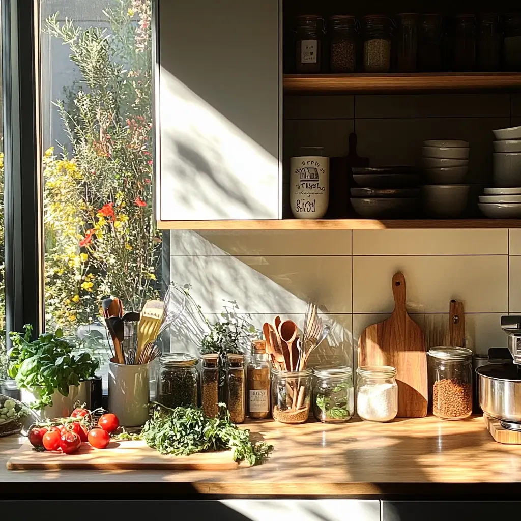 Modern kitchen with fresh vegetables, spices, and Milk Street Recipe books, representing easy and global-inspired home cooking.