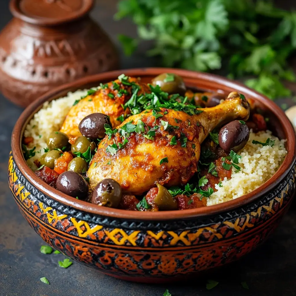 A Moroccan-style chicken dish garnished with fresh parsley, olives, and served with couscous in a vibrant traditional bowl.