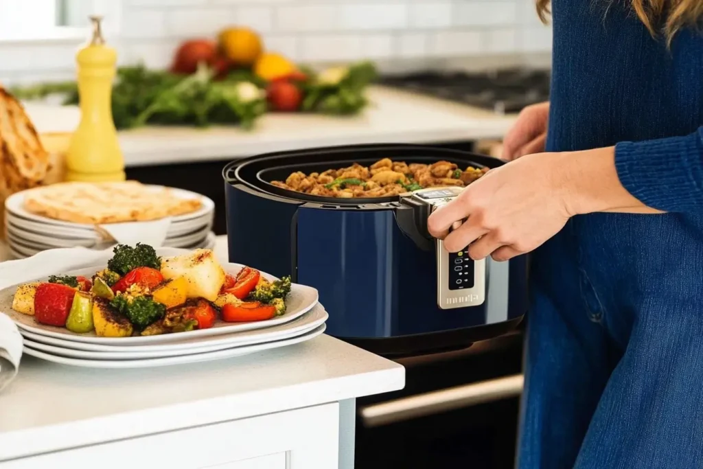 "A Ninja Air Fryer on a kitchen counter being used to cook a meal, with a plate of roasted vegetables and colorful ingredients in the foreground.