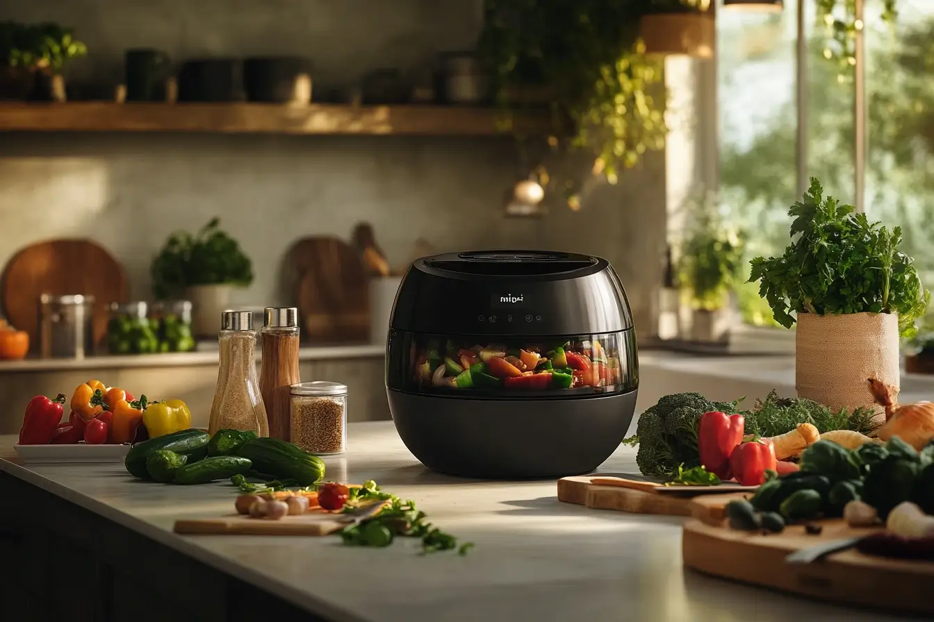 A modern Ninja Foodi appliance on a kitchen countertop with fresh ingredients, showcasing its versatility for cooking a variety of meals.