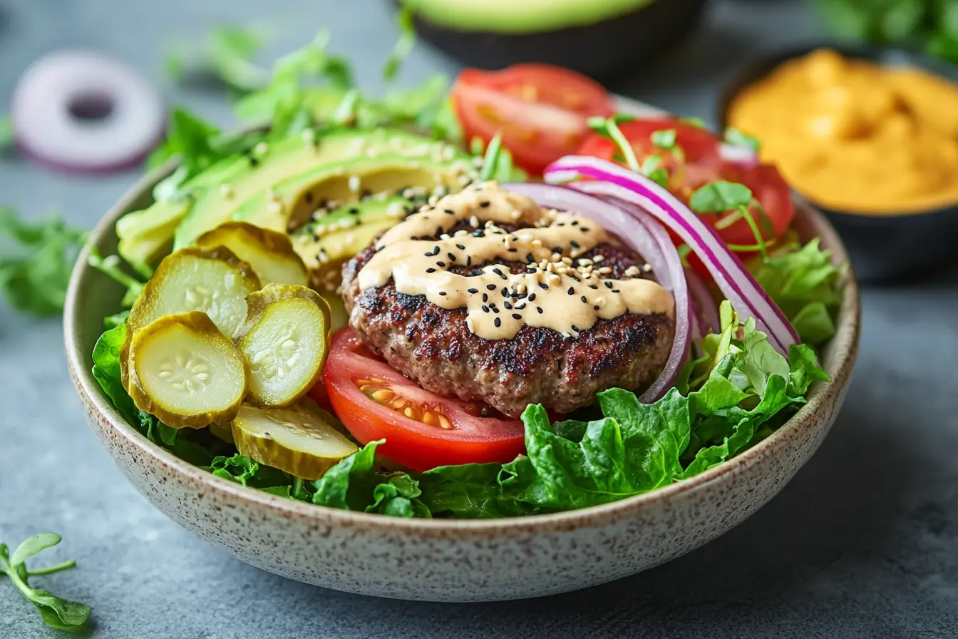 A plated burger bowl with a juicy burger patty, fresh greens, avocado, tomatoes, onions, and creamy sauce, garnished with sesame seeds on a countertop.