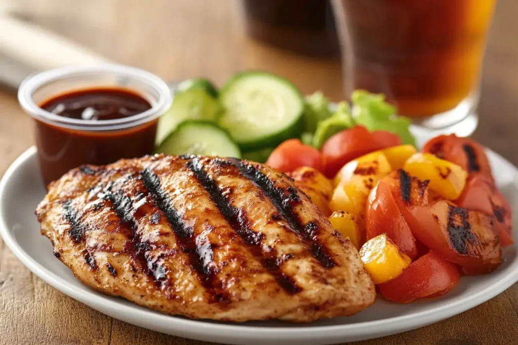 A beautifully plated Chick-fil-A-style grilled chicken dish, served with fresh vegetables and dipping sauce, highlighting the recipe's restaurant-quality appeal.