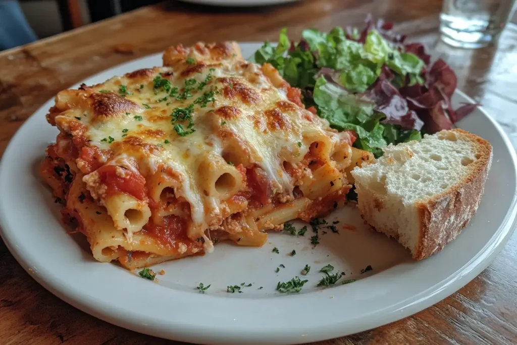  A serving of meatless baked ziti on a white plate, topped with golden, bubbly cheese, garnished with parsley, accompanied by a side salad and a slice of crusty bread.