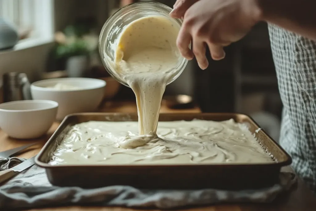 A baker pouring smooth batter into a greased sheet pan with mixing tools in the background of a cozy kitchen.