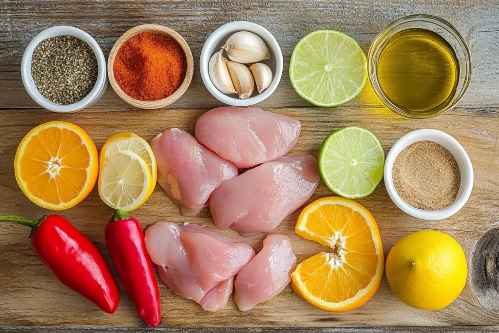 A flat-lay of fresh ingredients for red pepper chicken marinade, featuring red bell peppers, spices, citrus fruits, garlic, and olive oil on a rustic wooden surface.