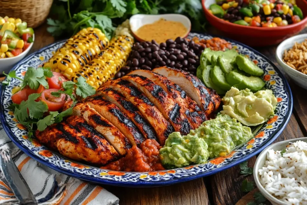 A serving platter of grilled red pepper chicken with Mexican rice, grilled corn, black beans, and guacamole, styled on a festive Tex-Mex table.