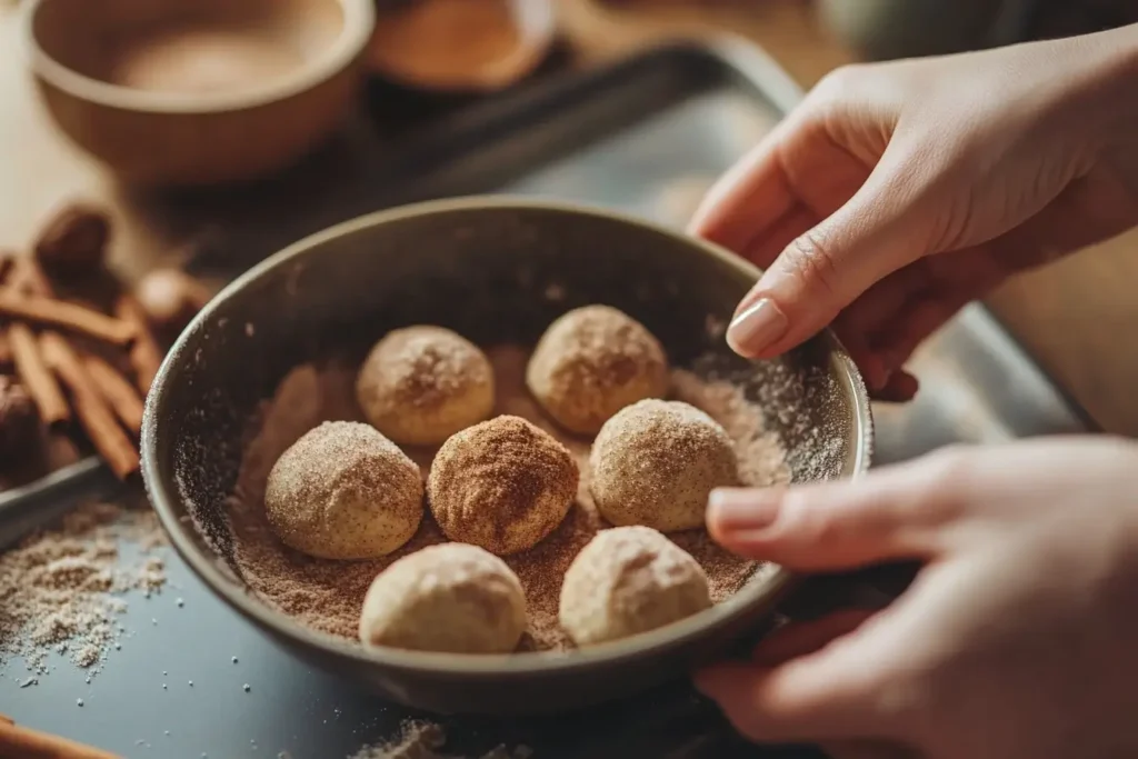 Close-up of hands rolling snickerdoodle dough balls in a bowl of cinnamon sugar, with baking tools and cinnamon sticks in the background.