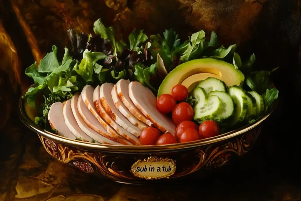 A beautifully arranged sub in a tub with sliced turkey, fresh greens, cherry tomatoes, avocado slices, and cucumber, served in a decorative bowl for a healthy low-carb meal option.