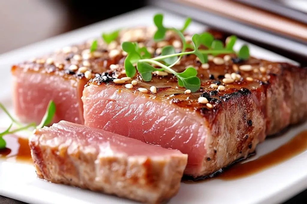 Perfectly seared ahi tuna steak slices with a golden crust and rare pink interior, garnished with sesame seeds and microgreens, served with soy sauce and chopsticks.