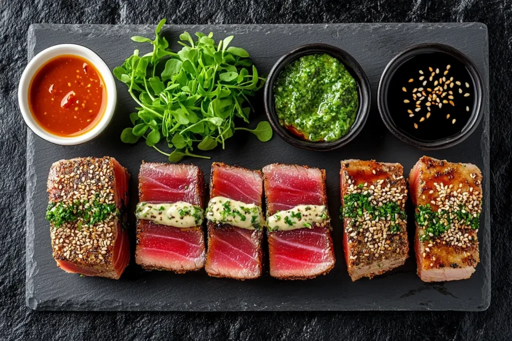 Trio of seared ahi tuna variations: sesame-crusted, sriracha-glazed, and herb-crusted, each garnished with toppings and served with dipping sauces.