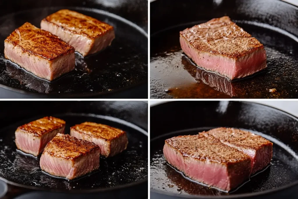 Step-by-step process of searing ahi tuna in a cast iron skillet, showing the golden crust forming on the steak in shimmering oil.