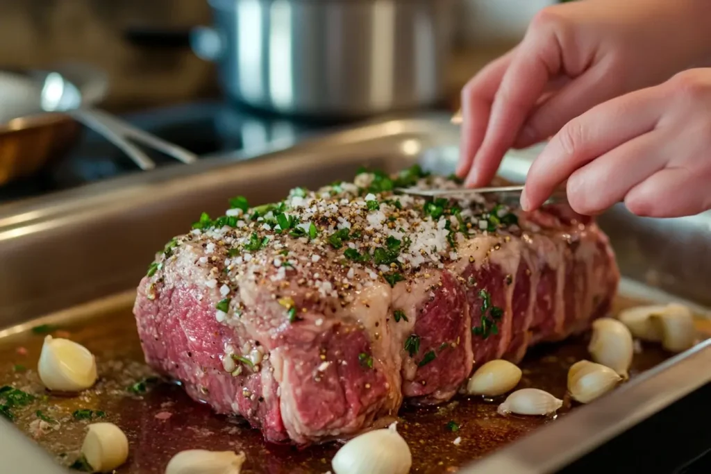 Close-up of hands applying seasoning to a boneless prime rib roast, using salt, pepper, garlic, and fresh herbs, with a roasting pan in the background.