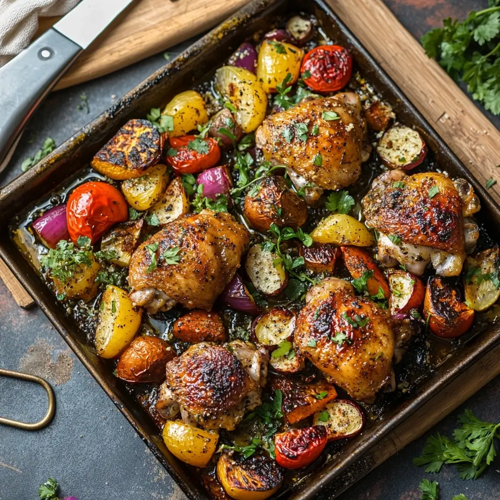 Roasted sheet-pan meal with spiced chicken thighs, colorful vegetables, and fresh herbs, showcasing quick and efficient global-inspired cooking.

