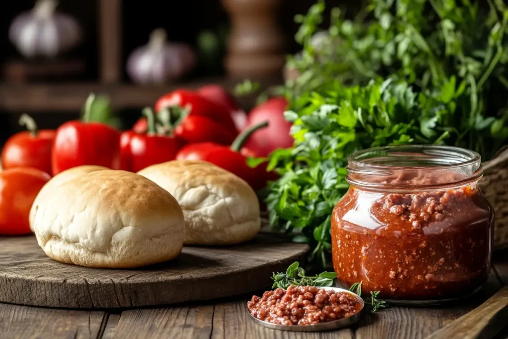 Key ingredients for a Sloppy Joe recipe: ground beef, a jar of Sloppy Joe sauce, and soft hamburger buns.