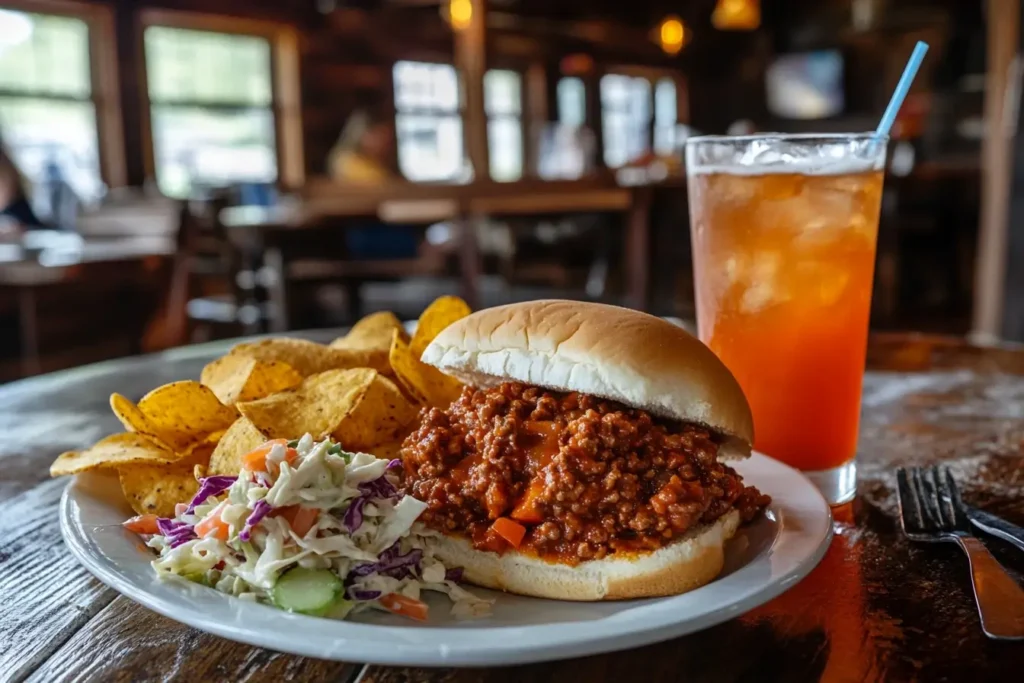 A full Sloppy Joe meal served with coleslaw, potato chips, and a cold drink, showcasing a perfect pairing.