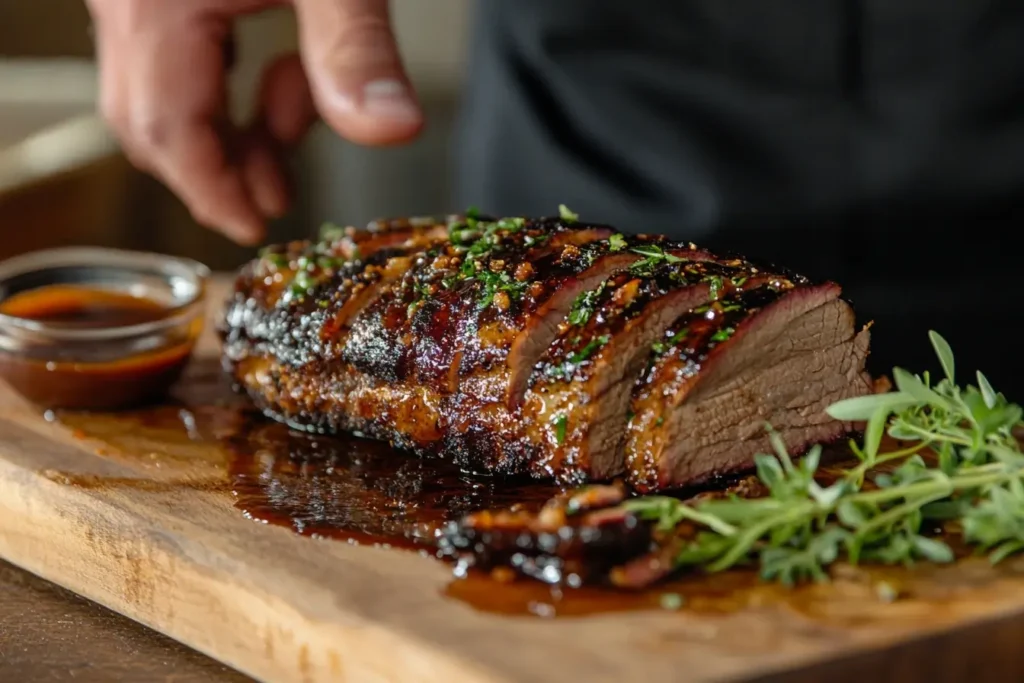 A sliced smoked brisket with a crispy bark on a wooden board, garnished with BBQ sauce and fresh herbs.