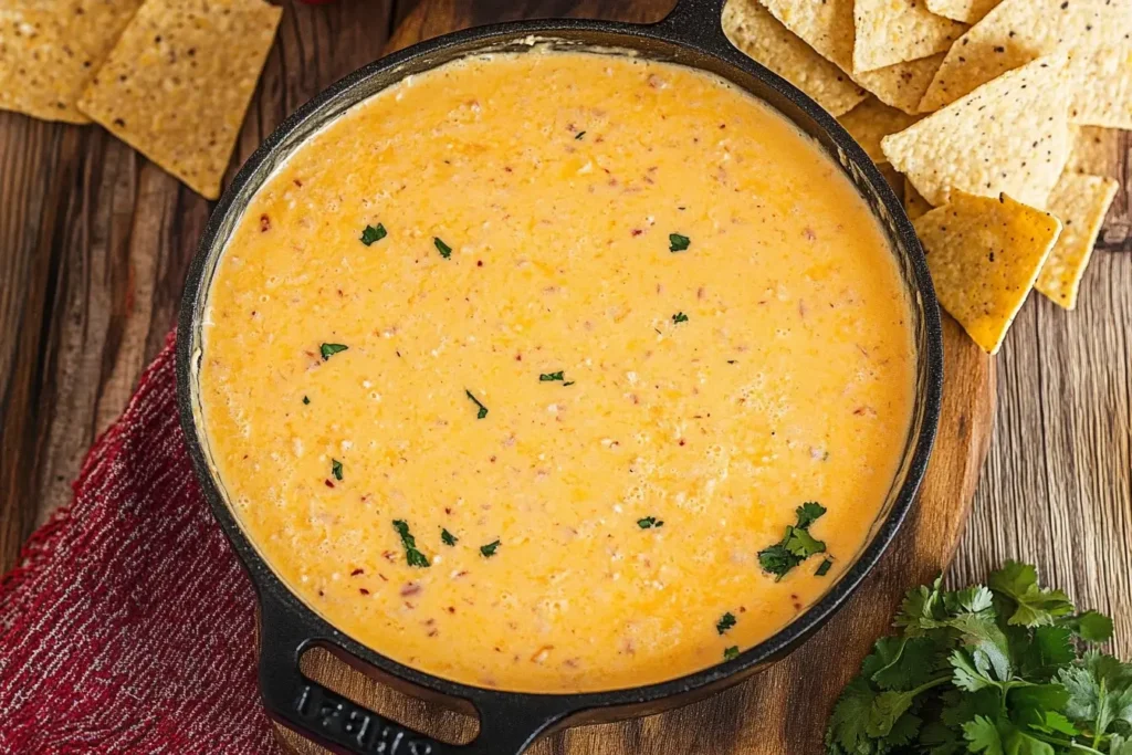 A cast-iron skillet filled with creamy, freshly smoked queso, garnished with cilantro, served with tortilla chips on a rustic wooden table.