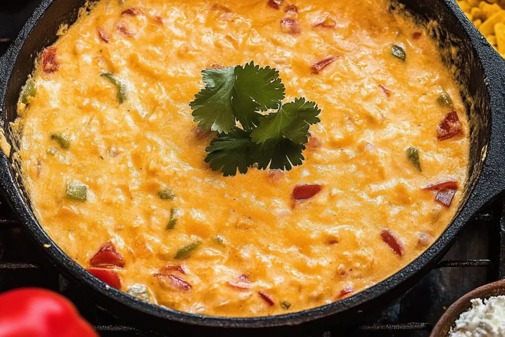 Creamy smoked queso in a cast-iron skillet, topped with fresh cilantro, featuring melted cheese with diced red and green peppers.