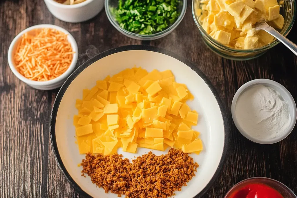 Prepped ingredients for smoked queso, including diced cheese, cooked chorizo, shredded cheddar, fresh cilantro, and cream, arranged on a wooden table.