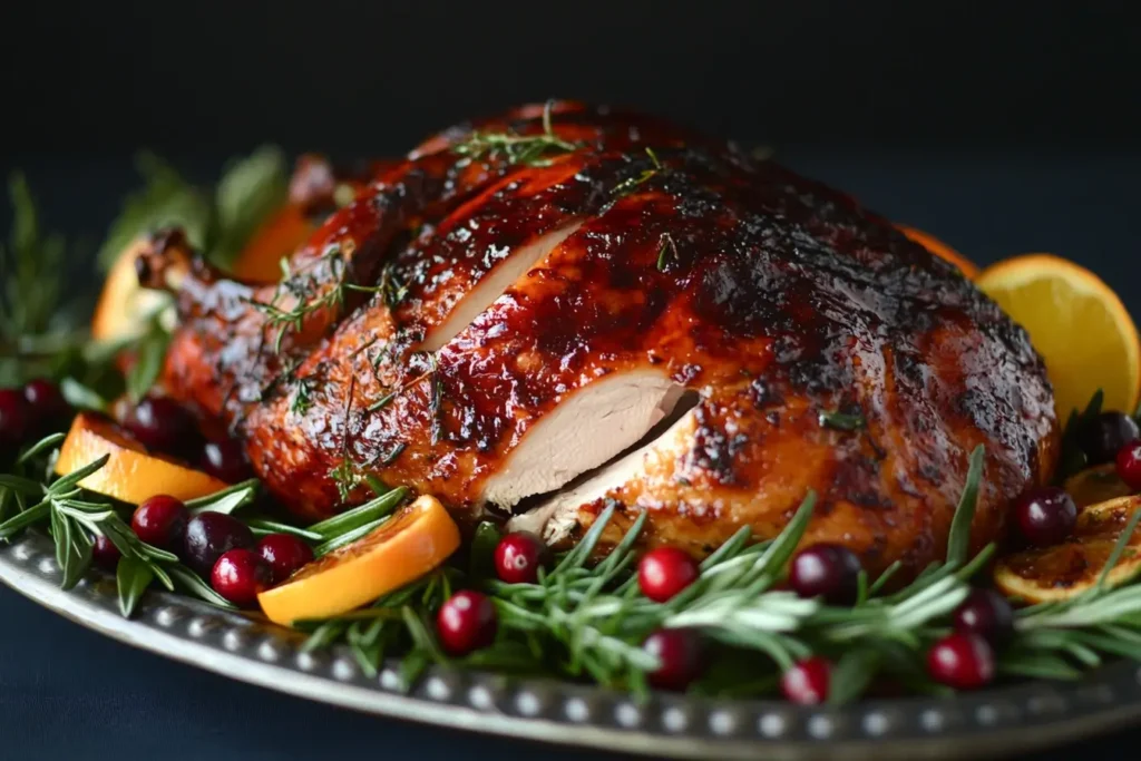 A perfectly smoked golden turkey on a festive platter with rosemary, cranberries, and citrus slices.