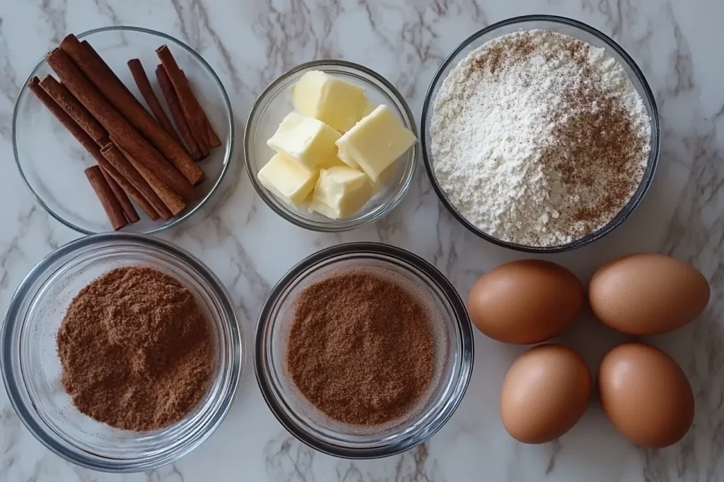 A flat lay of snickerdoodle ingredients, including cinnamon sticks, butter, flour, sugar, and eggs, arranged on a marble countertop.