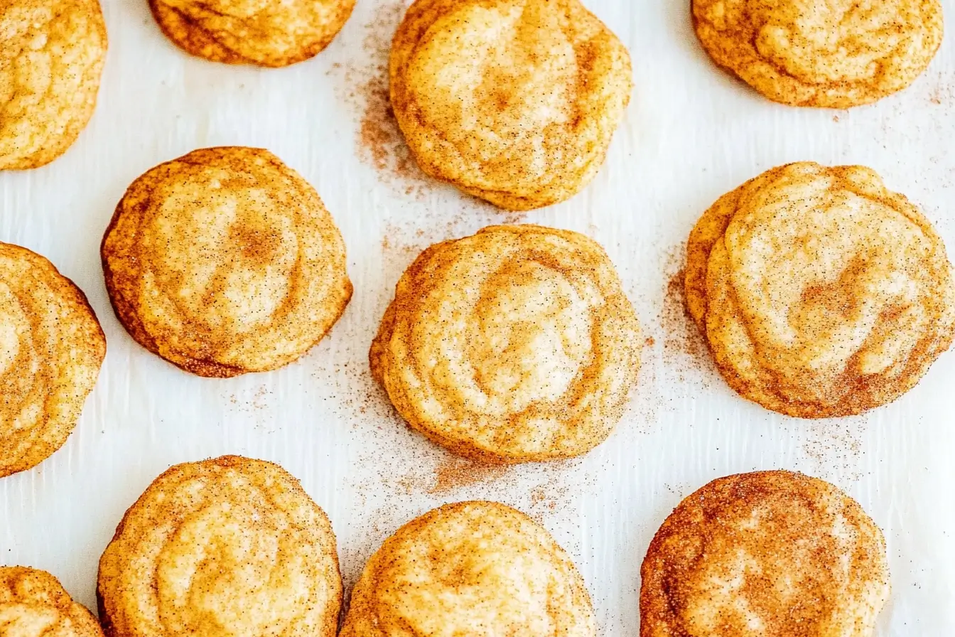 Close-up of golden-brown snickerdoodles sprinkled with cinnamon sugar, arranged on a white background.