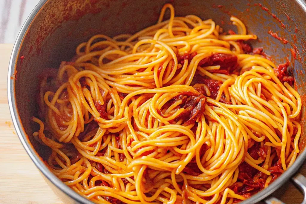 Spaghetti All’Assassina cooking in a skillet, coated in a rich and caramelized tomato sauce, highlighting the unique risottata cooking method.