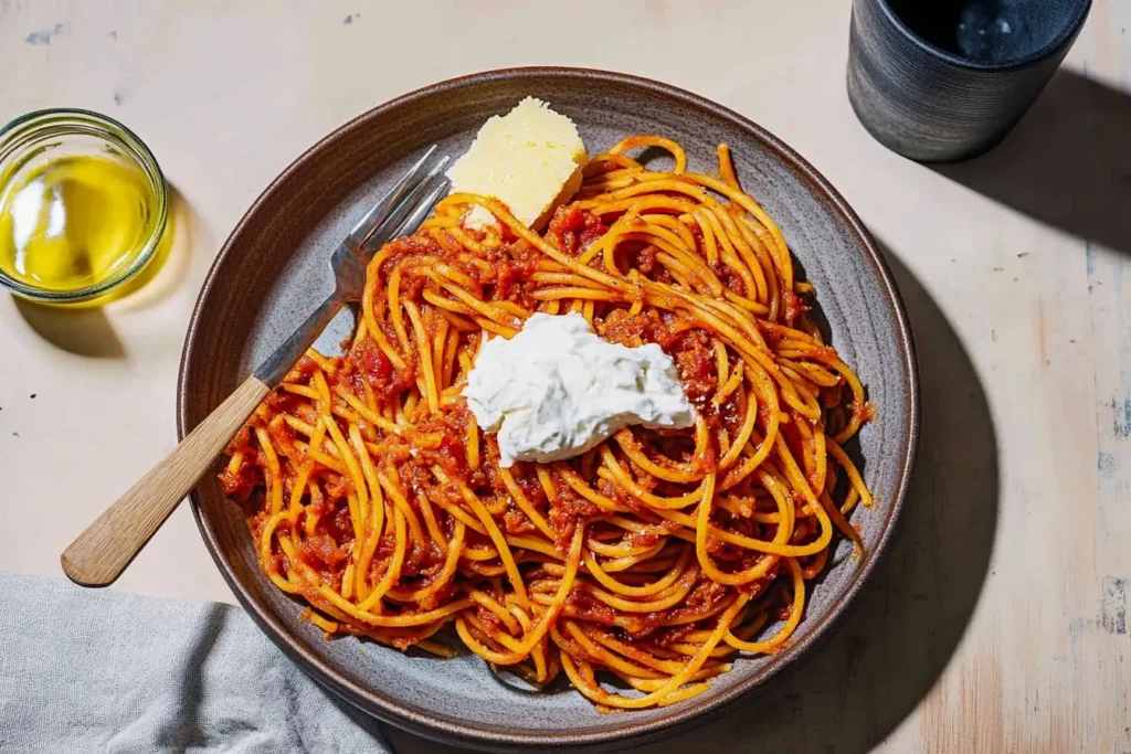 A plate of Spaghetti All’Assassina topped with creamy cheese and served with a side of olive oil and Parmesan, showcasing its vibrant caramelized tomato sauce.