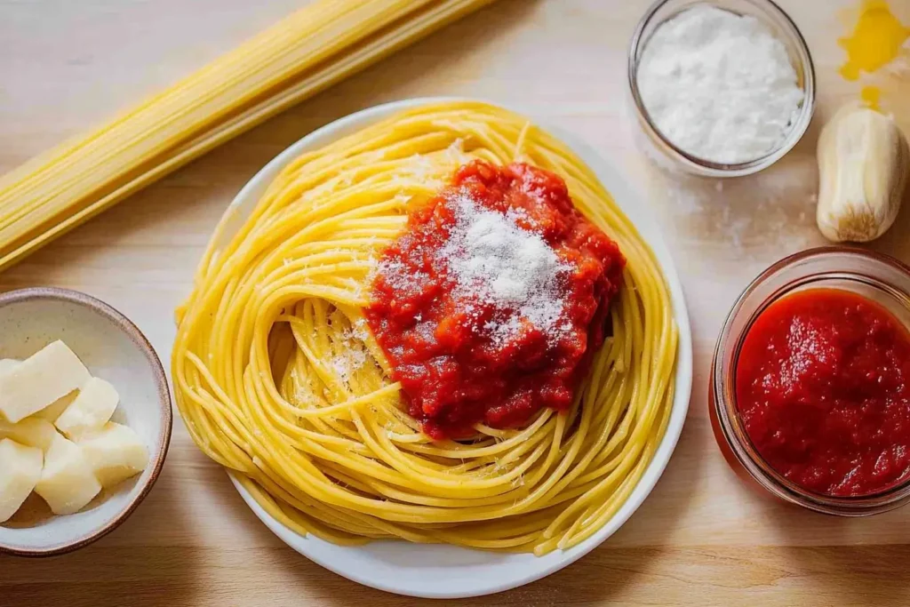 Raw spaghetti with tomato sauce, Parmesan cheese, and garlic displayed on a wooden surface, showcasing the key ingredients for Spaghetti All’Assassina.