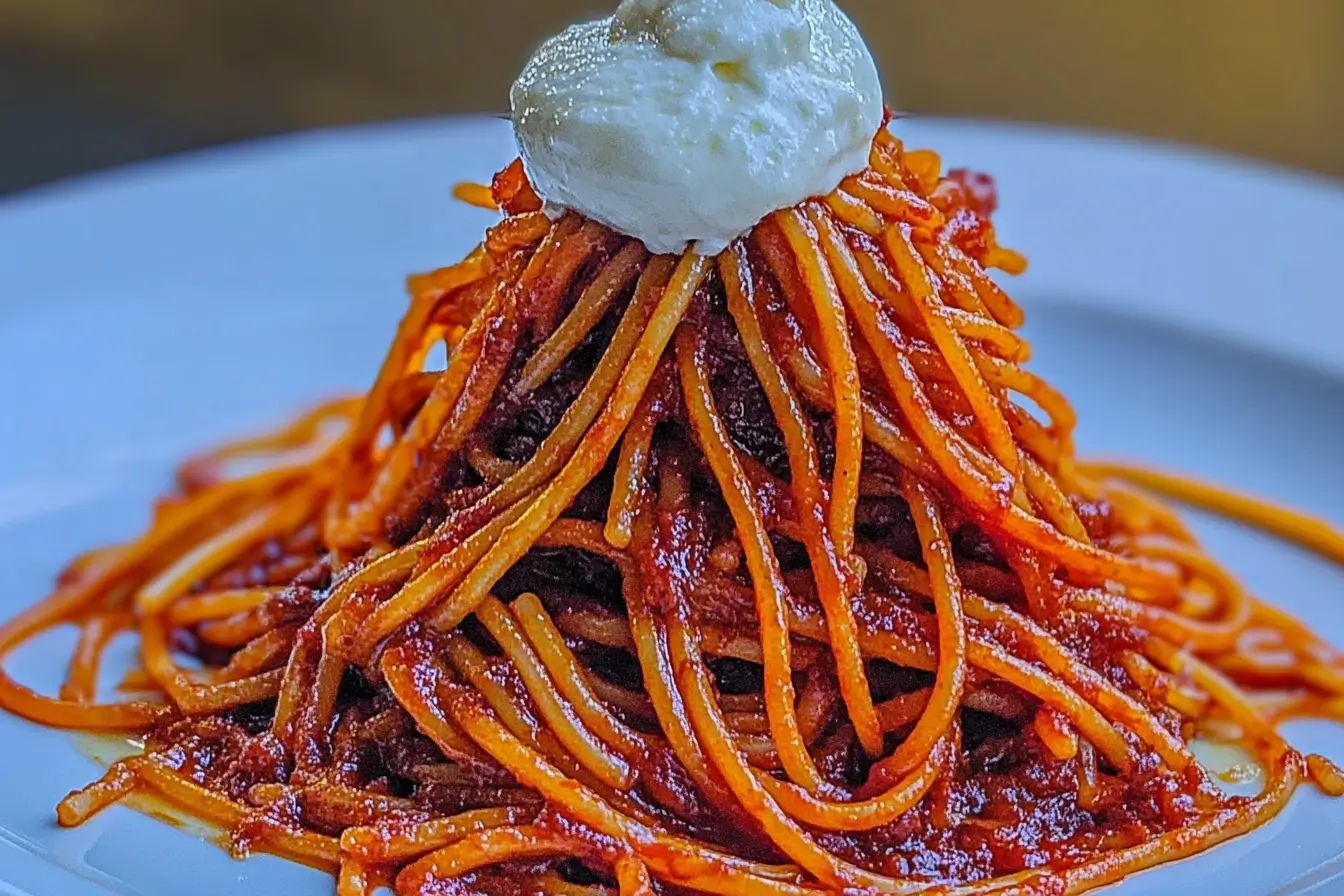 A beautifully plated tower of Spaghetti All’Assassina, topped with a dollop of creamy cheese, showcasing its caramelized tomato sauce and crispy texture.