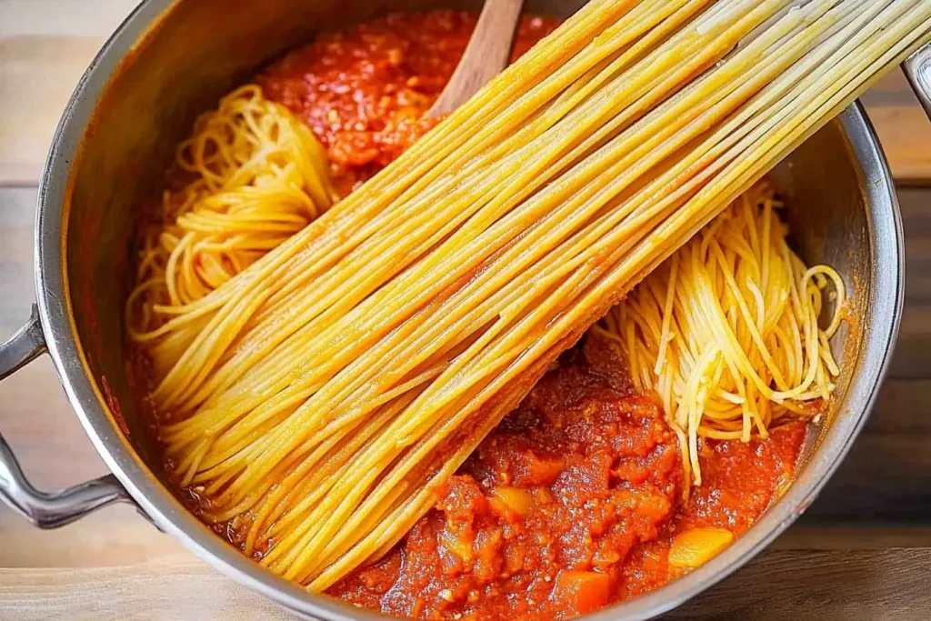 Raw spaghetti being added to a pot of rich tomato sauce during the preparation of Spaghetti All’Assassina, showcasing the unique cooking process.