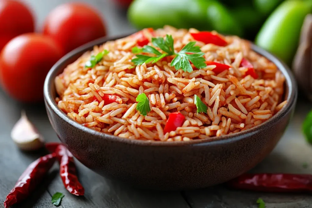 A colorful spicy red rice dish with tomatoes, chilies, and fresh herbs, served in a rustic bowl alongside a side of vegetables.