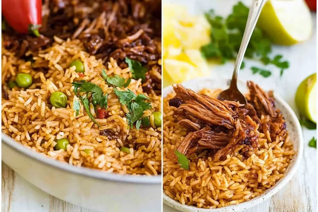 A vibrant bowl of spicy red rice garnished with peas, fresh herbs, and shredded meat, served alongside lime and pineapple for a flavorful and colorful presentation.