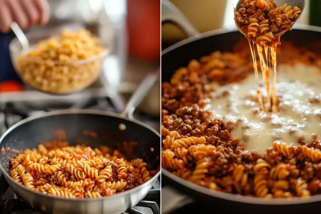 The cooking process of homemade beefaroni: pasta mixed with rich tomato sauce in a skillet, followed by adding melted cheese for a creamy finish.