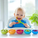 A happy baby in a highchair holding colorful spoons, surrounded by bowls of vibrant homemade baby purees, smiling while enjoying their meal in a bright and cozy setting.