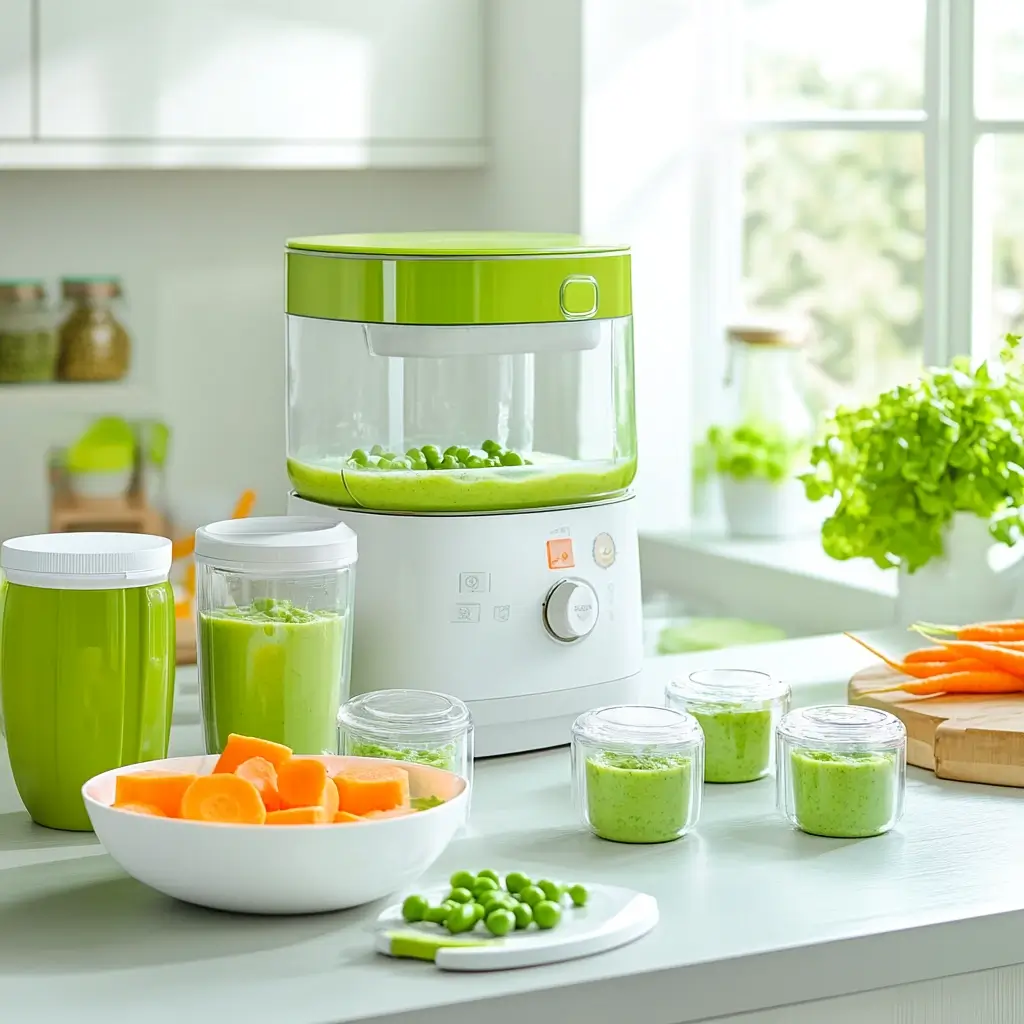 A bright kitchen setup with a baby food processor, jars of freshly made green pea and carrot purees, and bowls of fresh ingredients like carrots and peas, highlighting the tools for making homemade baby puree recipes.