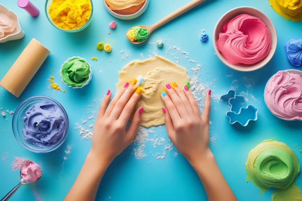 Hands kneading colorful sugar cookie dough, with baking tools and vibrant icing bowls on a kitchen counter.