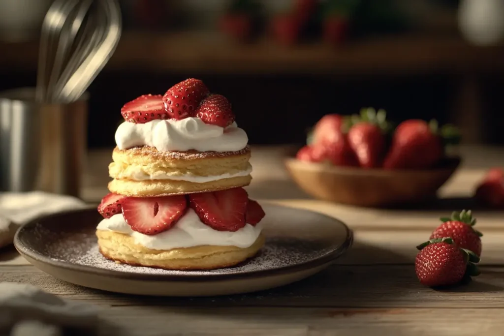 A beautifully styled Bisquick strawberry shortcake on a rustic wooden table, featuring golden-brown shortcakes layered with fresh strawberries and whipped cream, with bowls of strawberries and kitchen tools in the background. Perfect for capturing the charm of this classic dessert.