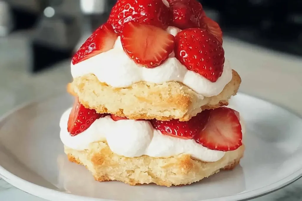 A close-up view of a perfectly assembled Bisquick strawberry shortcake, featuring golden-brown shortcakes layered with fresh strawberries and whipped cream, served on a white plate. Ideal for showcasing the recipe's final result and its delicious appeal.